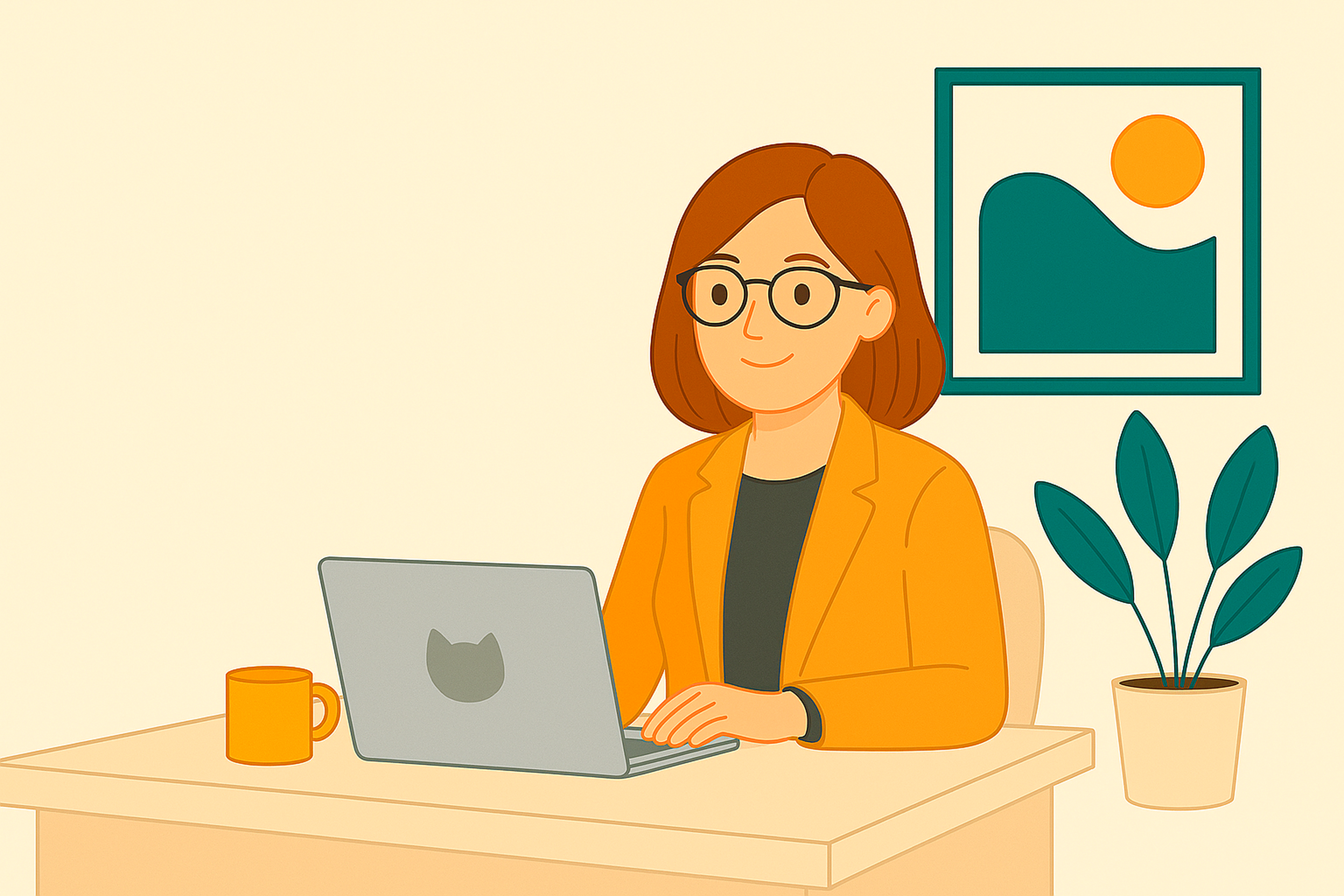 Illustrated avatar of Kristen Sam at her desk