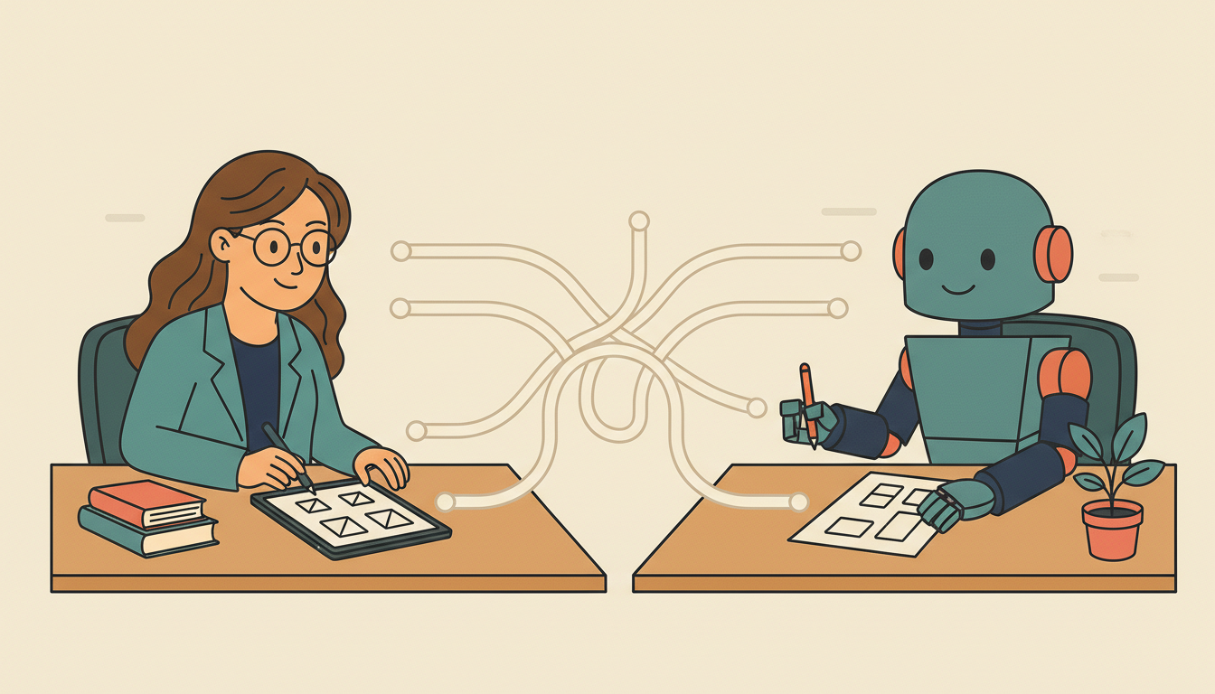 Illustration of a designer and robot working side by side at desks