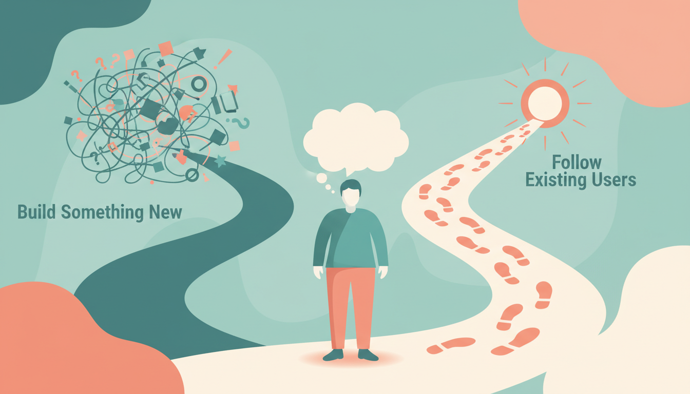 Illustration of a designer choosing between building new vs following existing user behavior