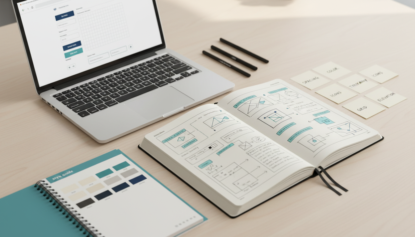 Design system documentation spread on a designer's desk