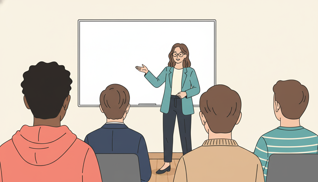 Illustration of a woman presenting to a team in a meeting room