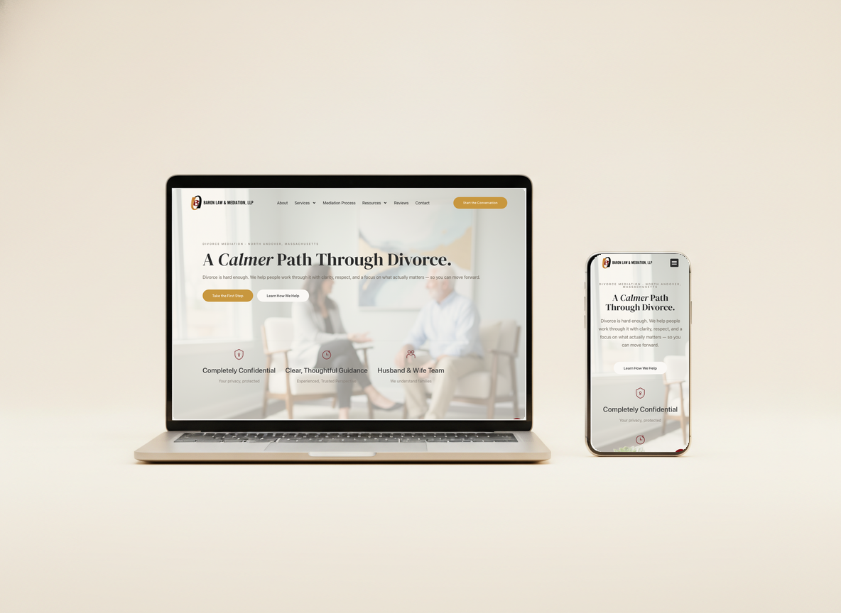 The redesigned Baron Law and Mediation site on a laptop and phone