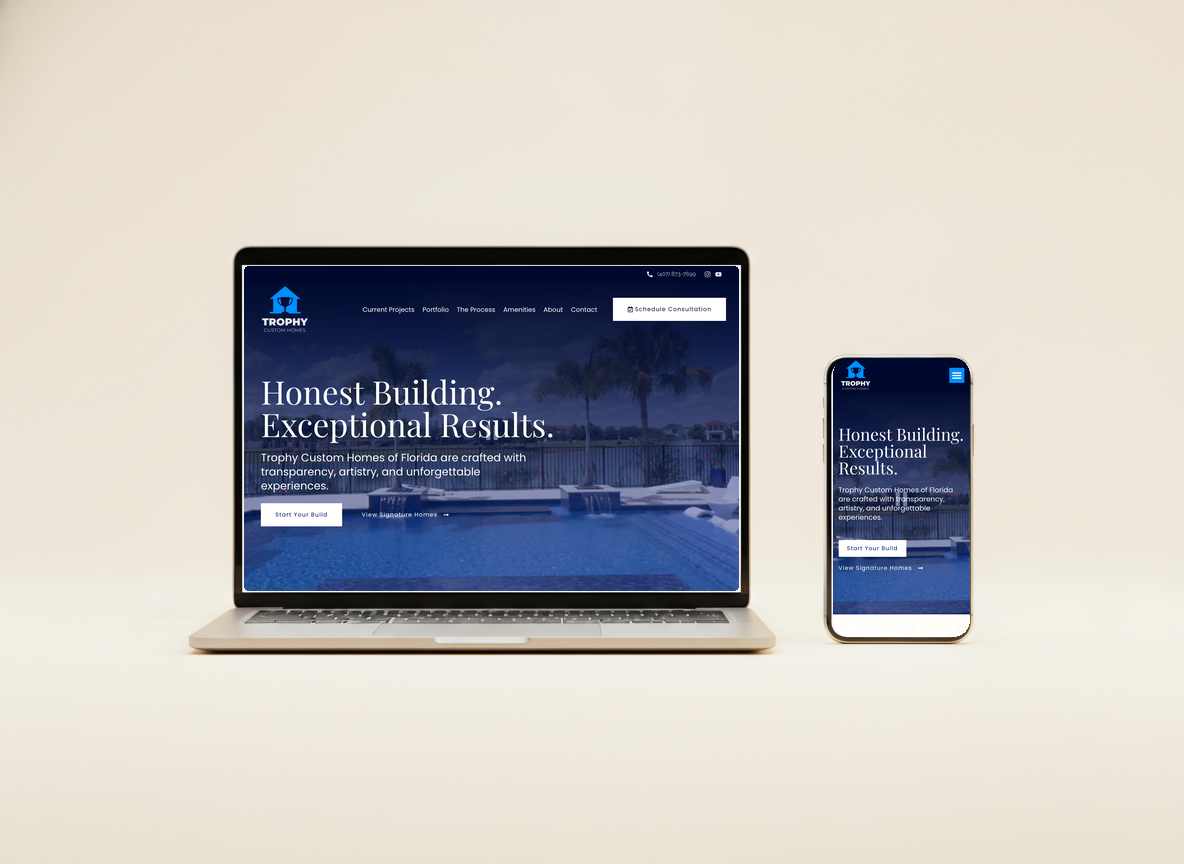 The new Trophy Custom Homes site on a laptop and phone