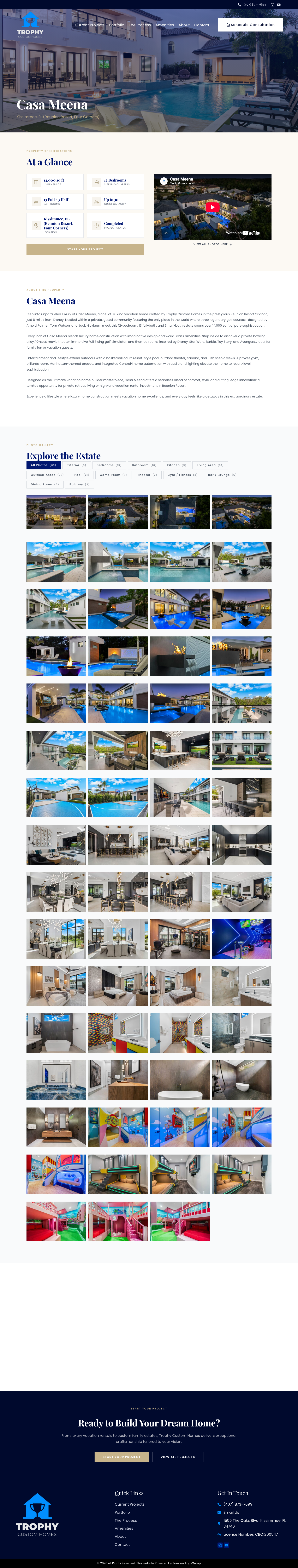 The Casa Meena estate page with spec strip and filterable gallery